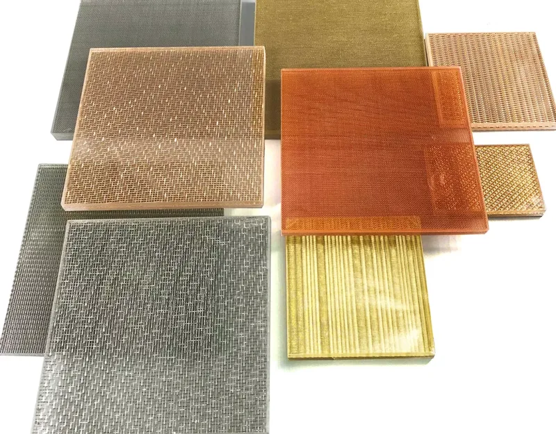 Metal mesh laminated glass samples with copper, brass and stainless steel woven mesh for feature walls and partitions