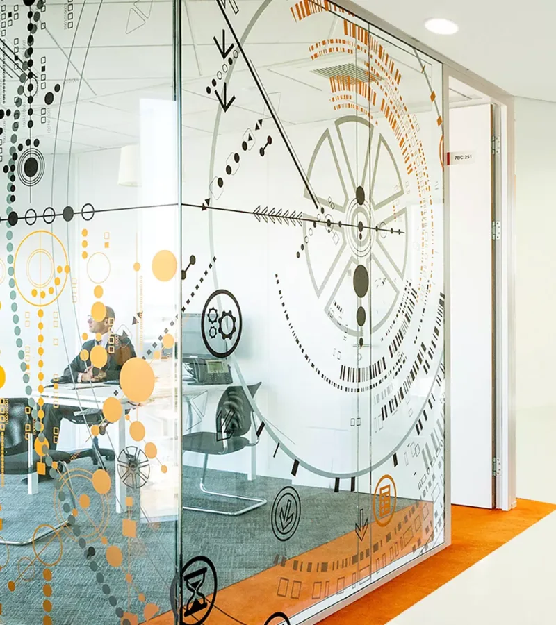 Textured decorative glass feature wall for modern commercial interiors by Glazart Dubai